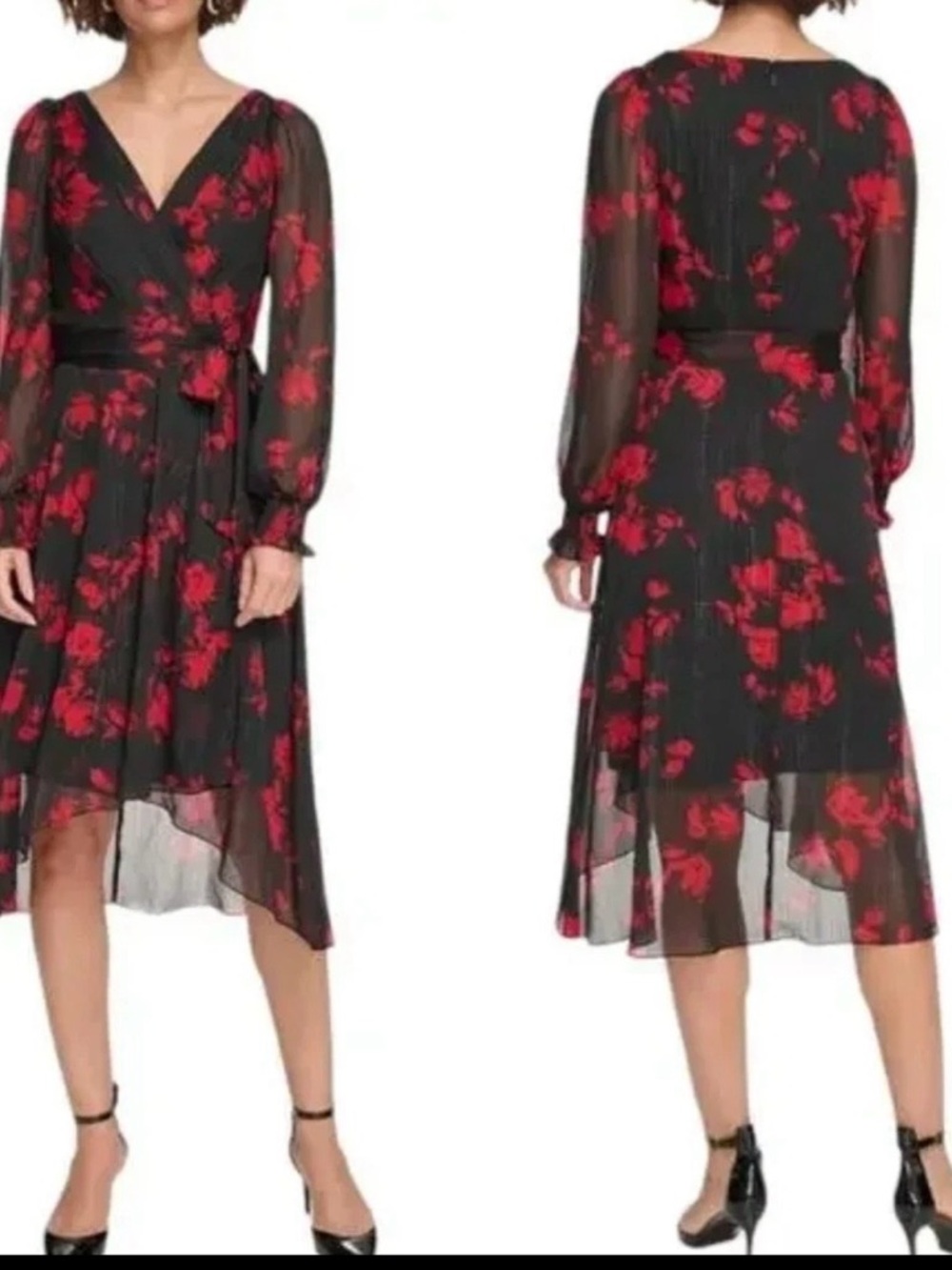 DKNY Red Floral Wrap Midi Dress - Women